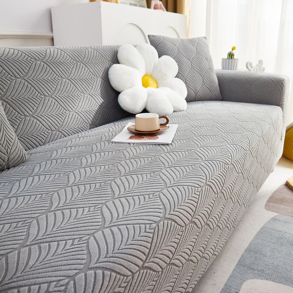 3D Leaves Jacquard Couch Slipcovers Non-Slip Cozy Stretchy Couch Covers for Sectional