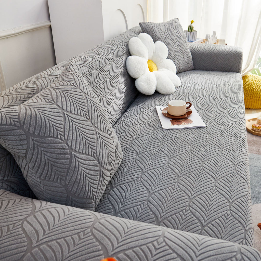 3D Leaves Jacquard Couch Slipcovers Non-Slip Cozy Stretchy Couch Covers for Sectional