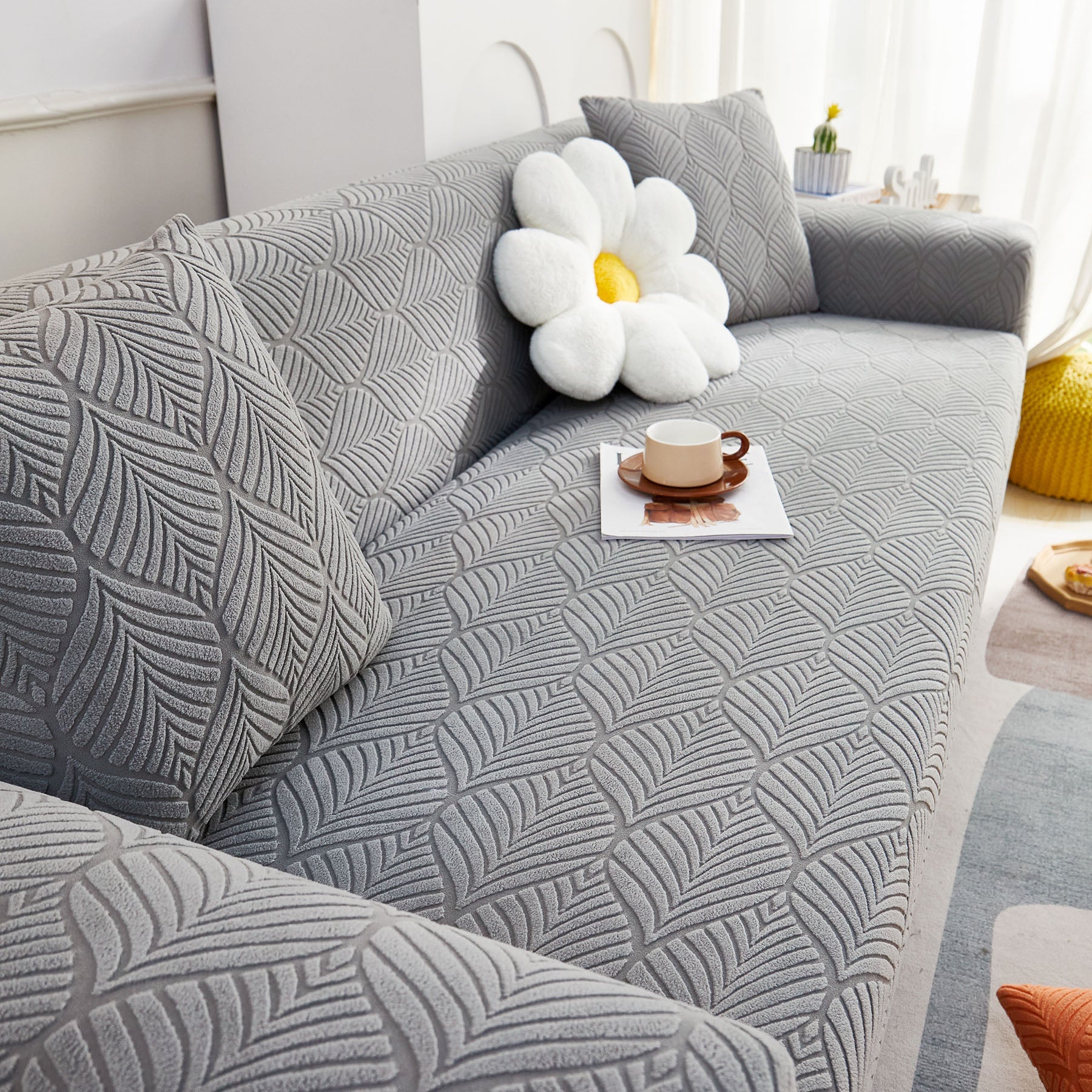 3D Leaves Jacquard Couch Slipcovers Non-Slip Cozy Stretchy Couch Covers for Sectional