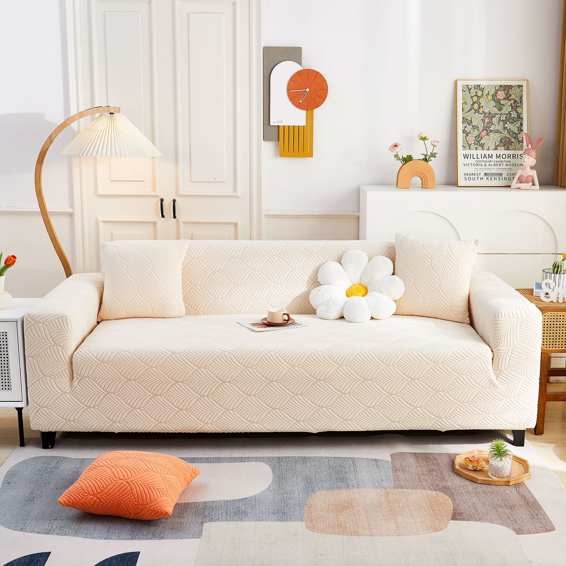 3D Leaves Jacquard Couch Slipcovers Non-Slip Cozy Stretchy Couch Covers for Sectional