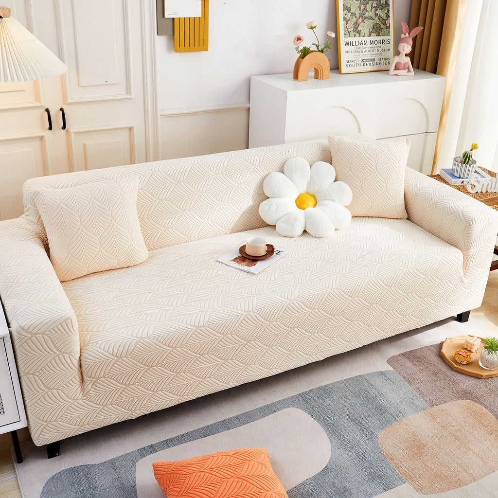3D Leaves Jacquard Couch Slipcovers Non-Slip Cozy Stretchy Couch Covers for Sectional