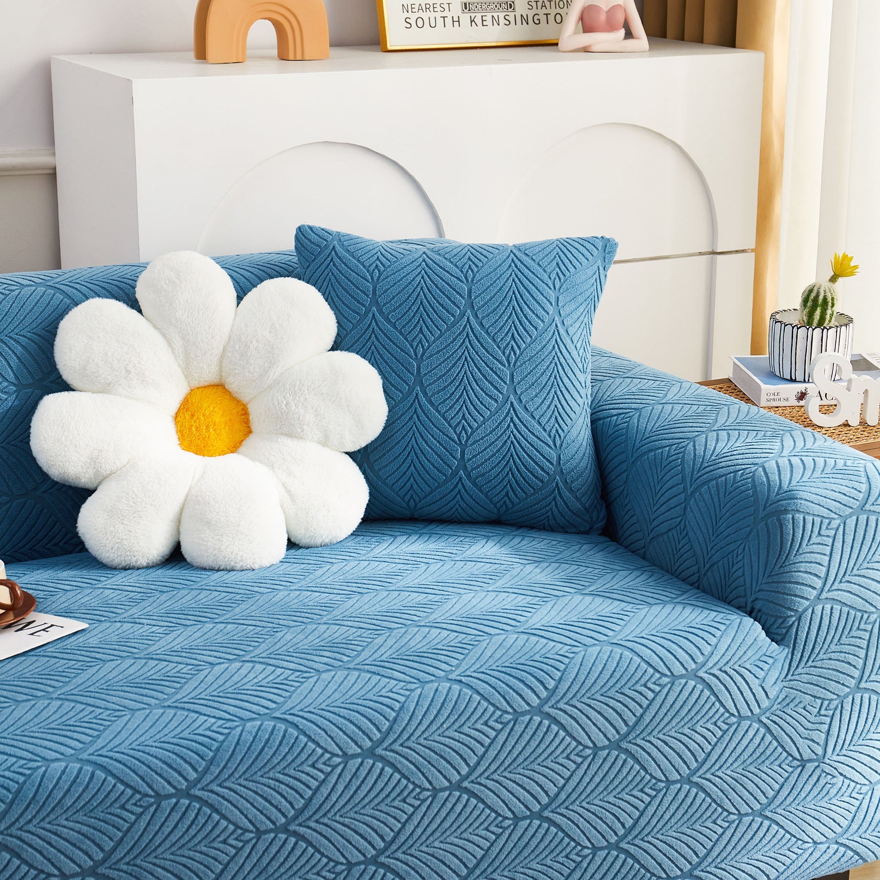 3D Leaves Jacquard Couch Slipcovers Non-Slip Cozy Stretchy Couch Covers for Sectional