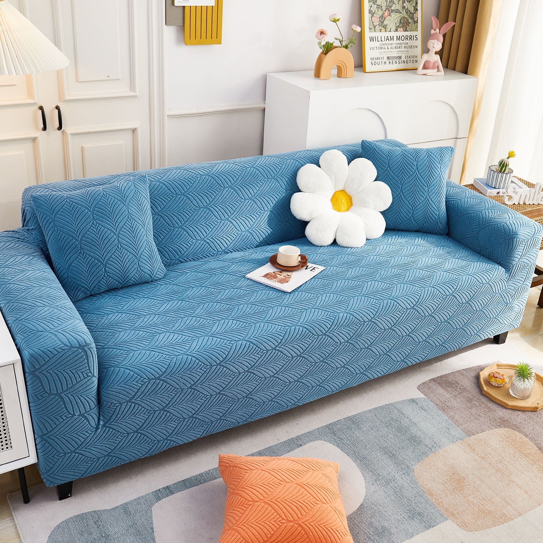 3D Leaves Jacquard Couch Slipcovers Non-Slip Cozy Stretchy Couch Covers for Sectional