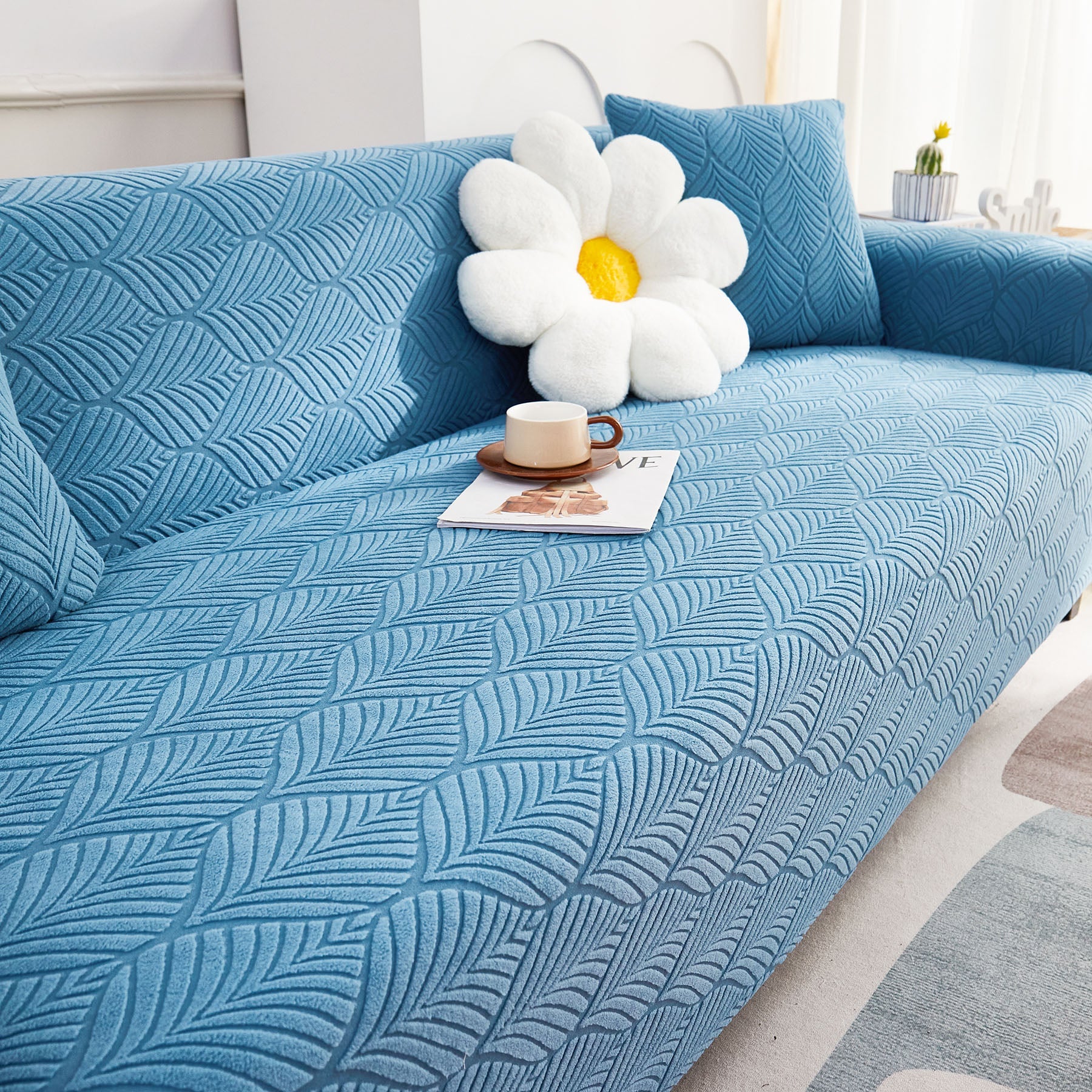 3D Leaves Jacquard Couch Slipcovers Non-Slip Cozy Stretchy Couch Covers for Sectional