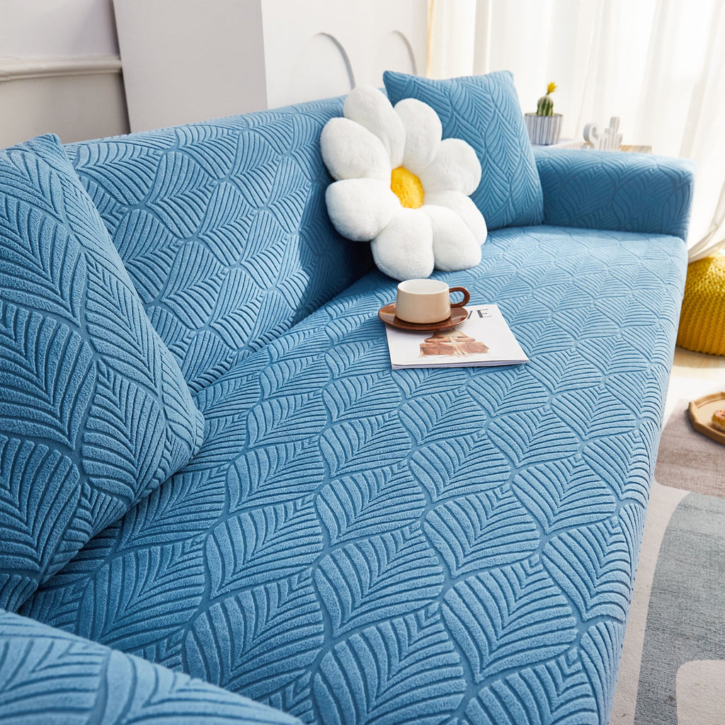3D Leaves Jacquard Couch Slipcovers Non-Slip Cozy Stretchy Couch Covers for Sectional