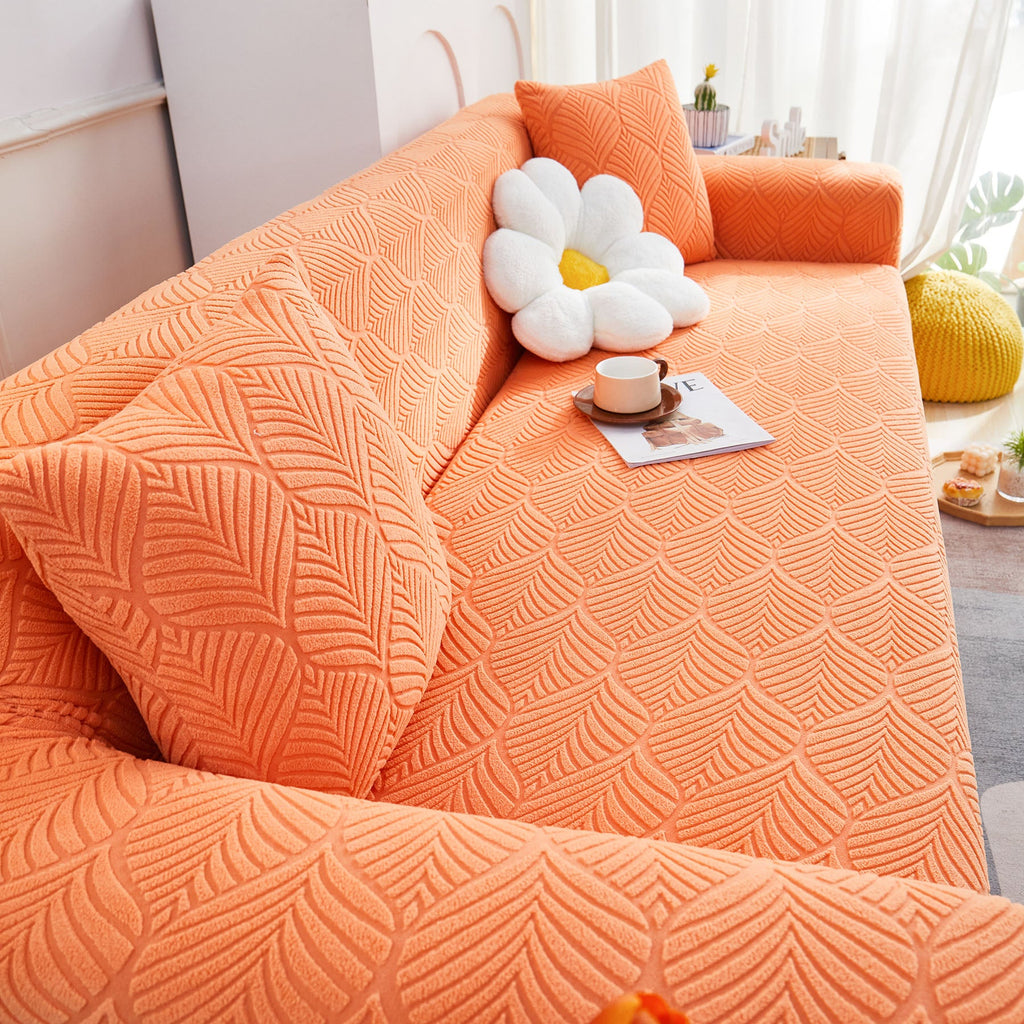 3D Leaves Jacquard Couch Slipcovers Non-Slip Cozy Stretchy Couch Covers for Sectional