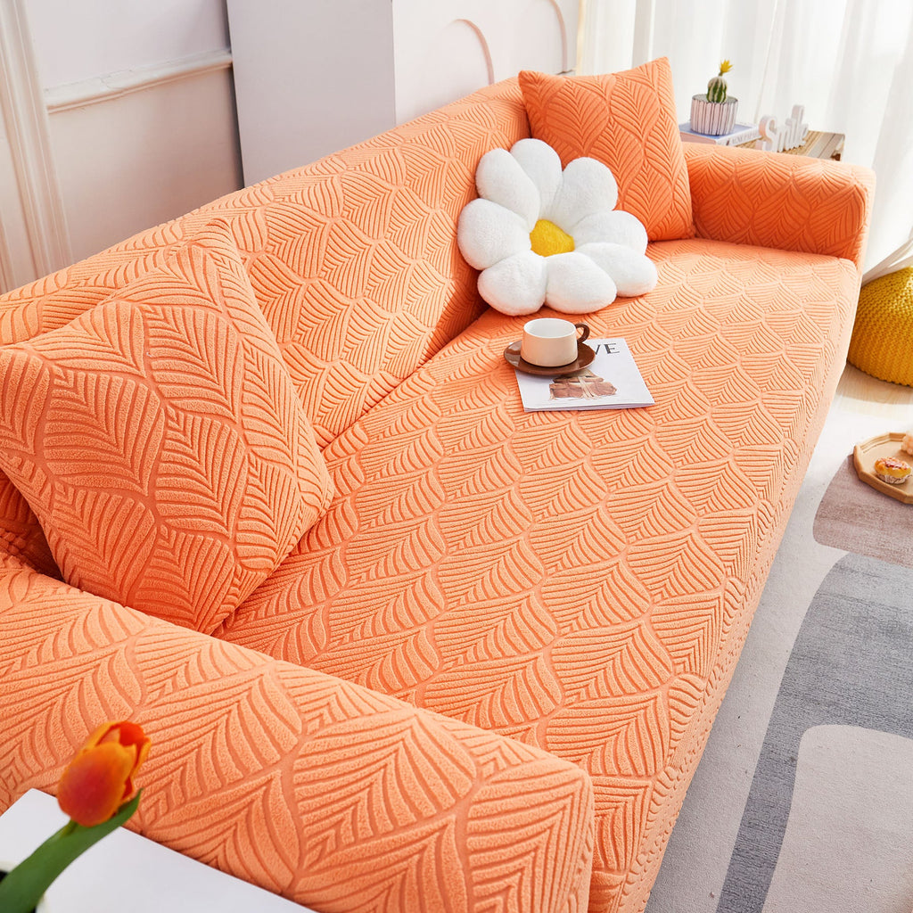 3D Leaves Jacquard Couch Slipcovers Non-Slip Cozy Stretchy Couch Covers for Sectional