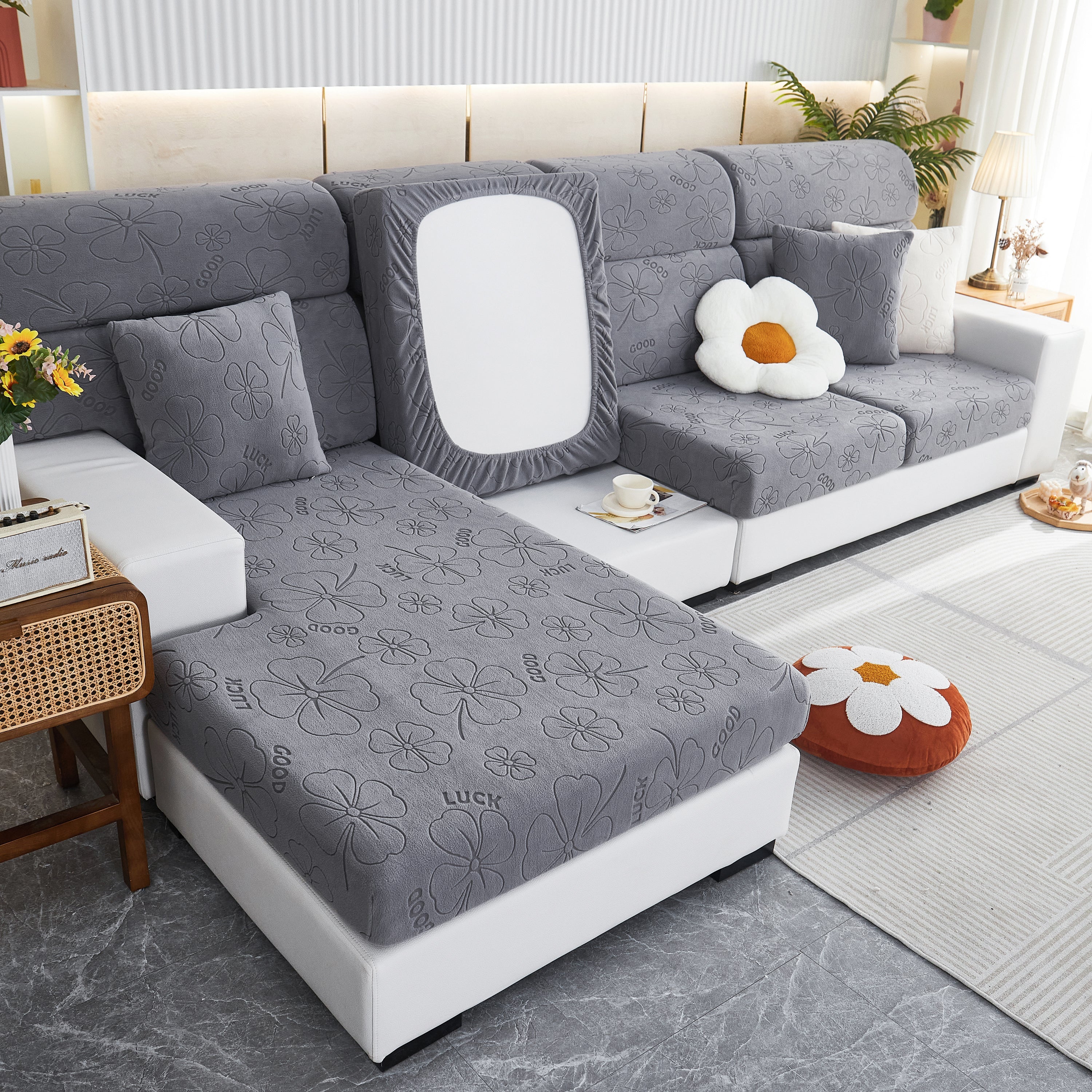 Lucky Clover Slipcover Non-Slip Stretch Jacquard Polar Fleece Sofa Cover for Pets, Cushions, Couches