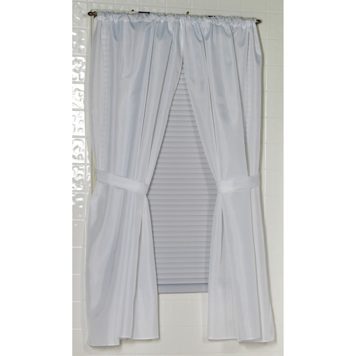 100% Polyester Fabric Window Curtain With Two Panels And Two Tie Backs In White, Size 54 Inch  Wide X 34 Inch  Long