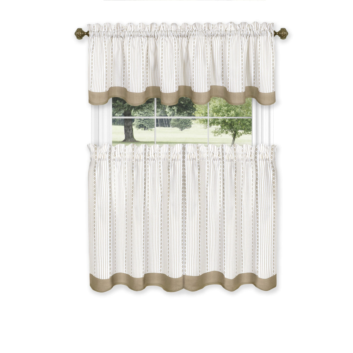 Westport Tier And Valance Set  Elegant Scalloped Design With Pinstripes And Flower Accents  Easy Installation  Machine Washab