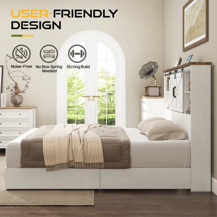 Queen White Farmhouse Platform Bed with Bookcase Headboard and Storage Drawers