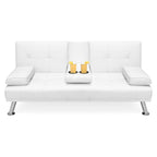 White Faux Leather Convertible Sofa Futon with 2 Cup Holders