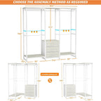 Heavy Duty White Metal Freestanding Garment Rack Closet Wardrobe with 3 Drawers