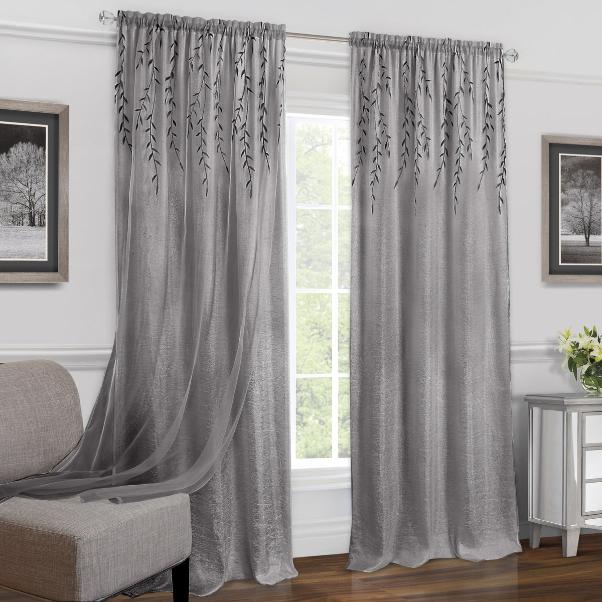Willow Embroidered Sheer Organza Rod Pocket Panel  42X63  Grey, Layered Design, Machine Washable, Elegant Window Treatment