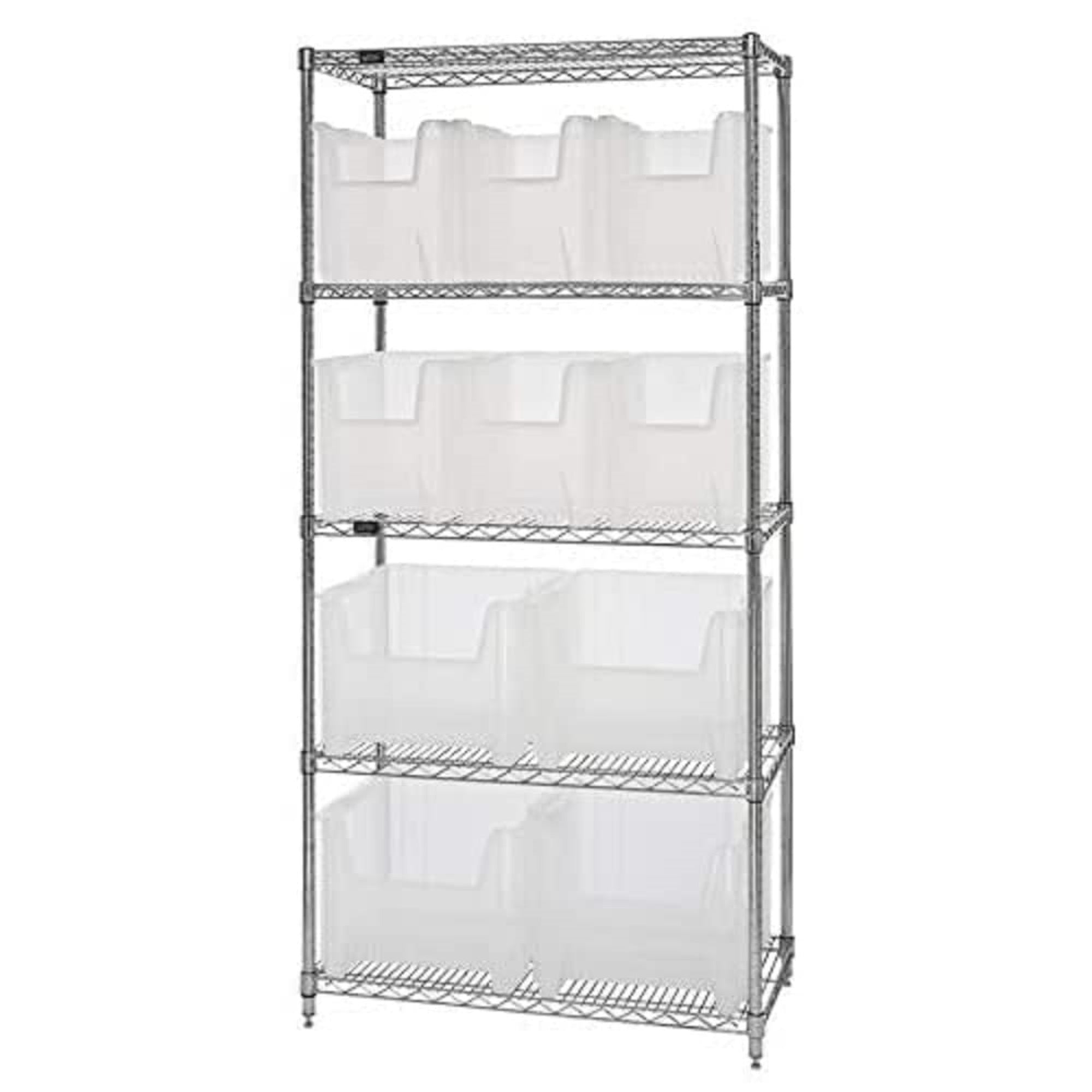 Bin Wire Shelving System, 36W x 18D x 74H, 800 lbs load capacity per shelf, includes: (5) shelves and (6) QGH600 and (4) QGH800 