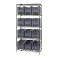 Bin Wire Shelving System, 36W x 18D x 74H, 800 lbs load capacity per shelf, includes: (5) shelves and (12) QGH600 gray bins, chr