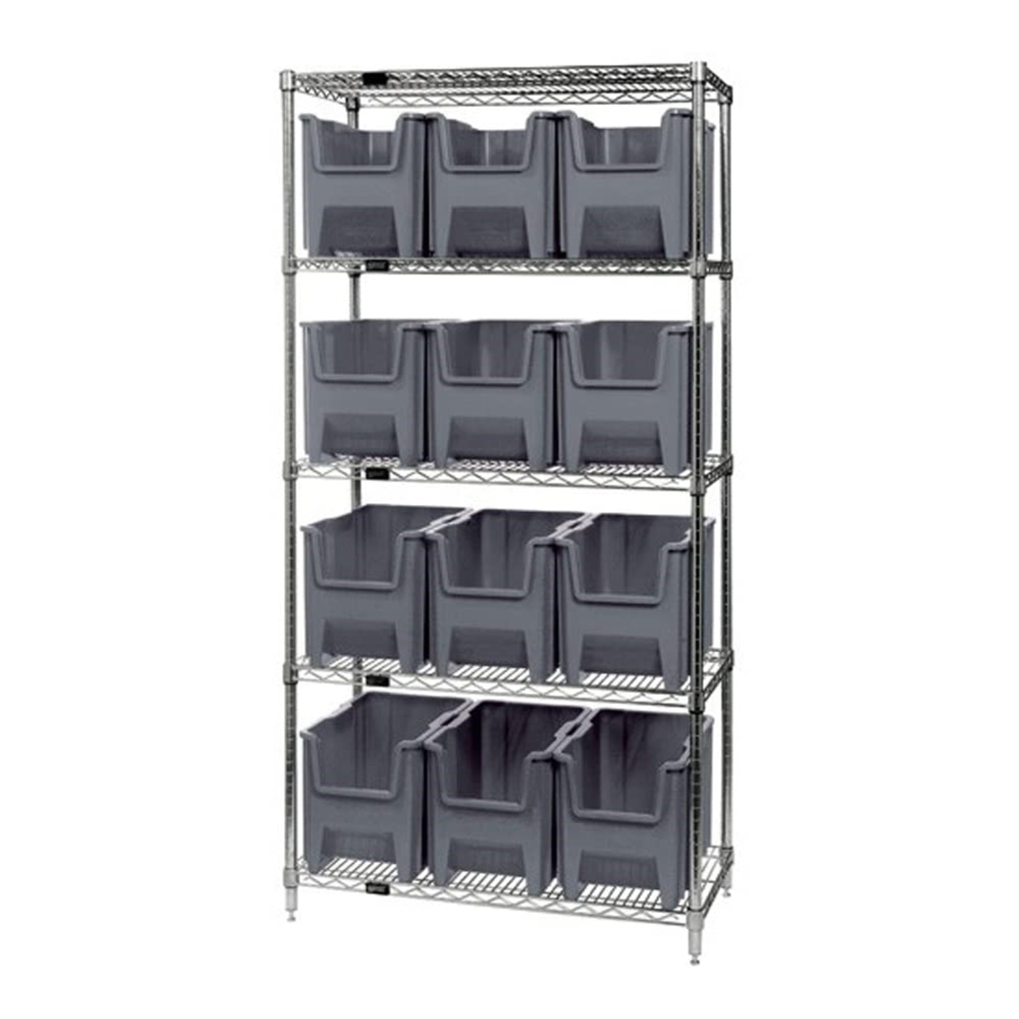 Bin Wire Shelving System, 36W x 18D x 74H, 800 lbs load capacity per shelf, includes: (5) shelves and (12) QGH600 gray bins, chr