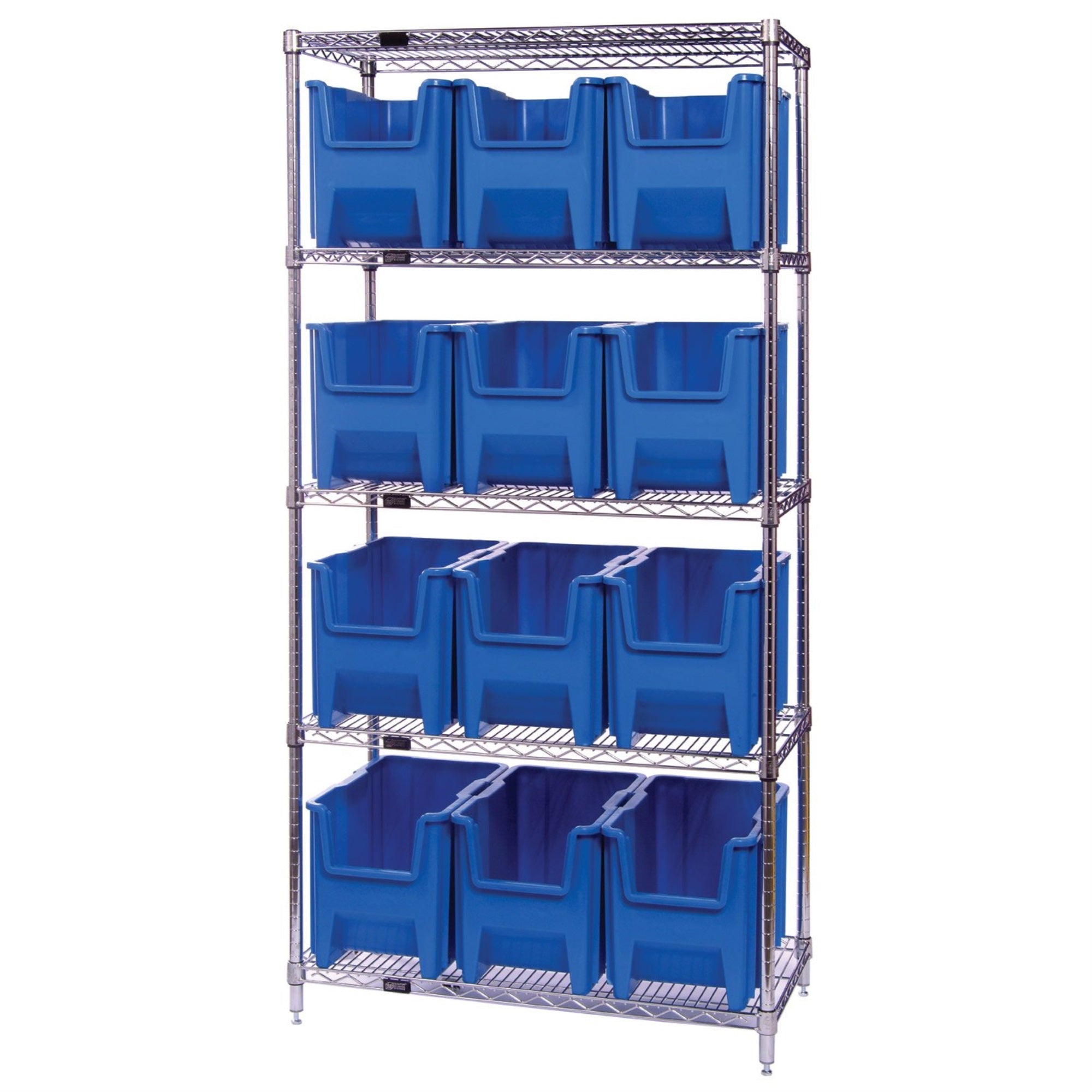 Bin Wire Shelving System, 36W x 18D x 74H, 800 lbs load capacity per shelf, includes: (5) shelves and (12) QGH600 red bins, chro