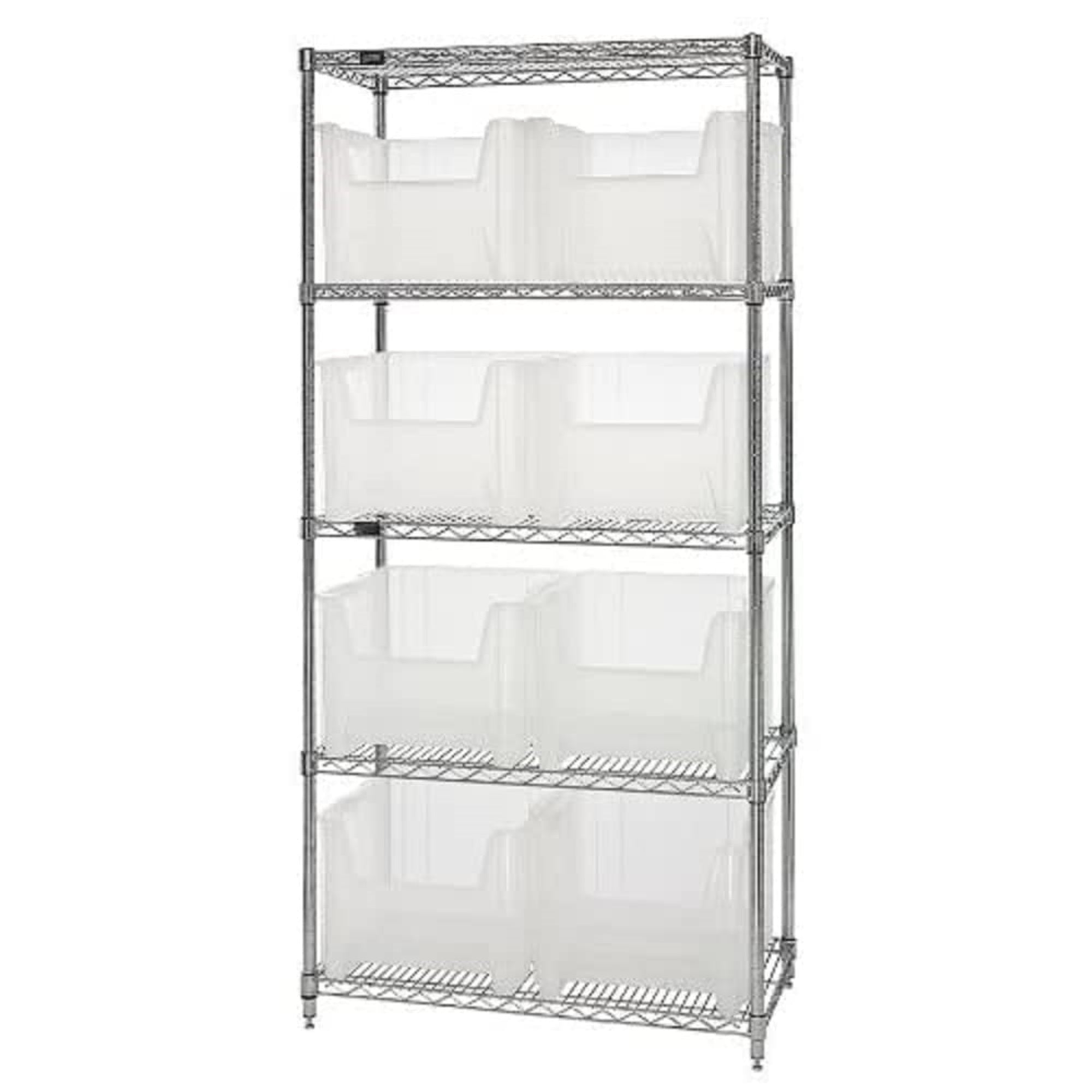 Bin Wire Shelving System, 36W x 18D x 74H, 800 lbs load capacity per shelf, includes: (5) shelves and (8) QGH800 clear bins, chr