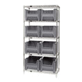 Bin Wire Shelving System, 36W x 18D x 74H, 800 lbs load capacity per shelf, includes: (5) shelves and (8) QGH800 gray bins, chro