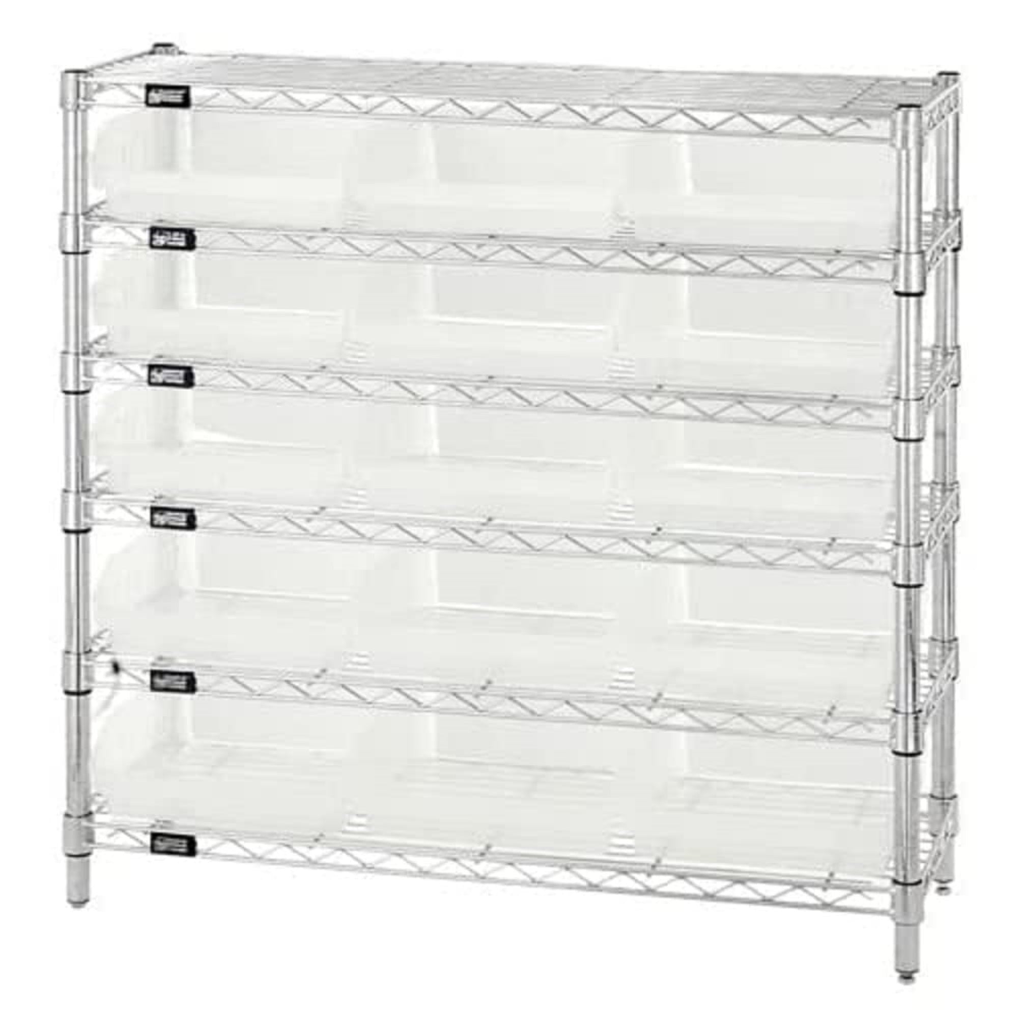 Bin Wire Shelving System, 36W x 12D x 36H overall size, 800 lb. capacity per shelf, includes: (6) wire shelves, (4) posts, (15) 
