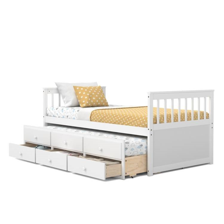 Twin Captains Bed with Pull Out Trundle and Storage Drawers in White Wood Finish