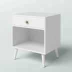 Mid-Century Modern Bedroom 1-Drawer Nightstand End Table in White Wood Finish