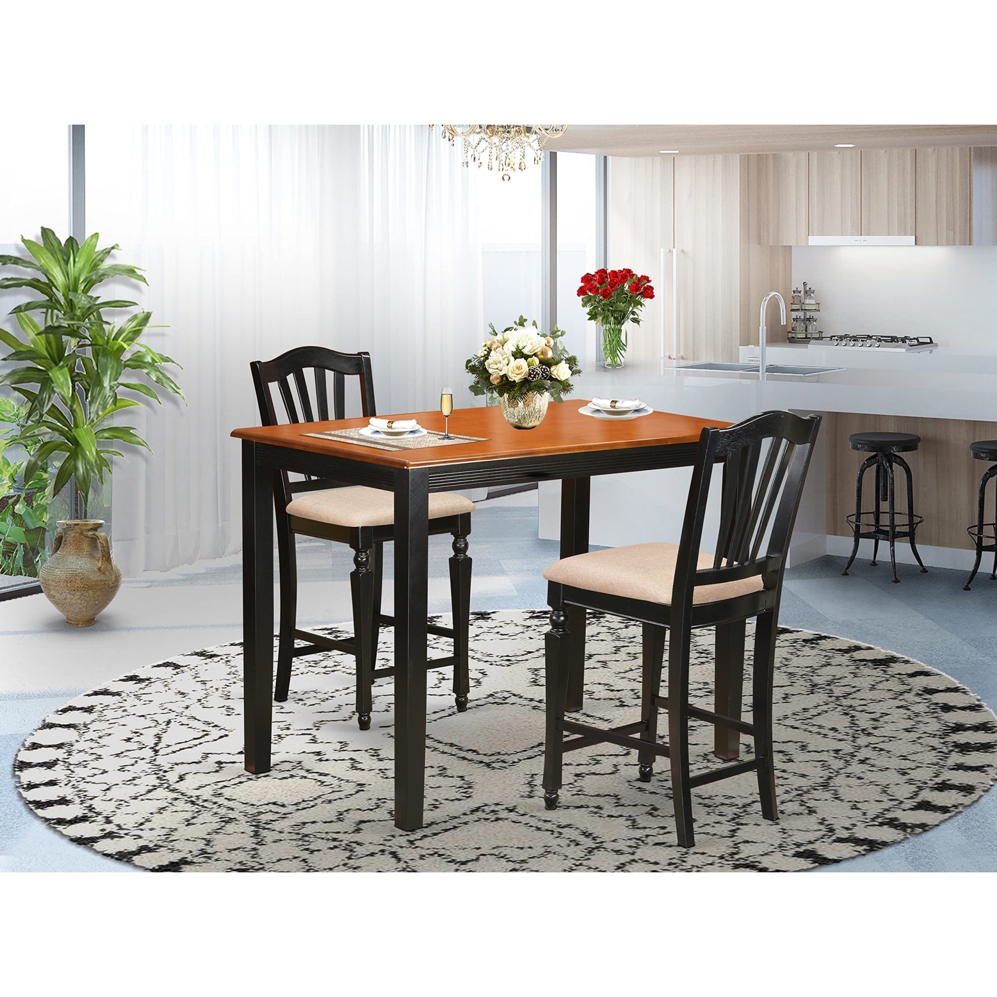 East West Furniture Yarmouth 3 Piece Kitchen Counter Height Set Contains a Rectangle Dining Room Table and 2 Linen Fabric Upholstered Chairs, 30x48 Inch, Black & Cherry