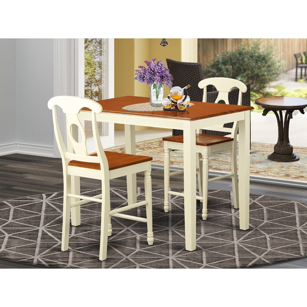 East West Furniture YAKE3-WHI-W 3 Piece Kitchen Counter Height Dining Table Set Contains a Rectangle Dining Room Table and 2 Wooden Seat Chairs, 30x48 Inch, Buttermilk & Cherry