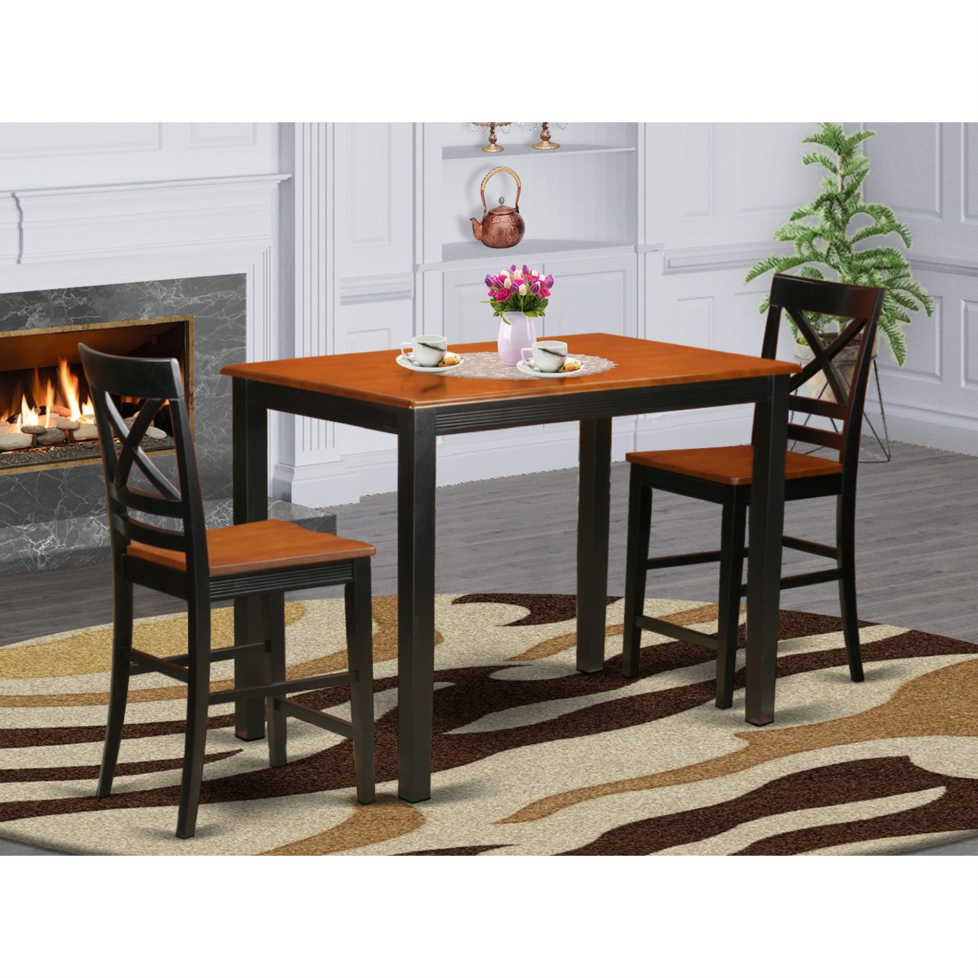 East West Furniture YAQU3-BLK-W 3 Piece Counter Height Pub Set for Small Spaces Contains a Rectangle Kitchen Table and 2 Dining Room Chairs, 30x48 Inch, Black & Cherry