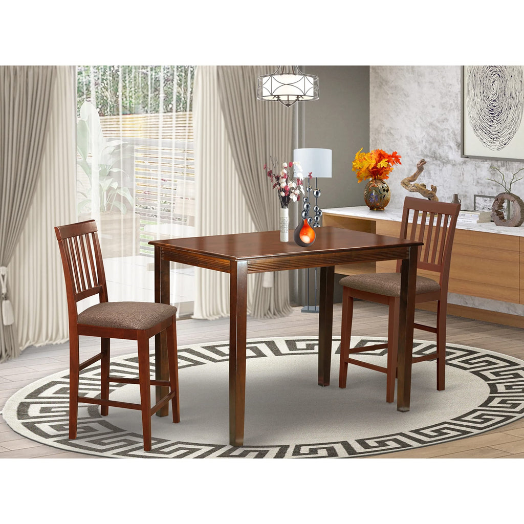 East West Furniture YAVN3-MAH-C 3 Piece Kitchen Counter Height Dining Table Set Contains a Rectangle Dining Room Table and 2 Linen Fabric Upholstered Chairs, 30x48 Inch, Mahogany