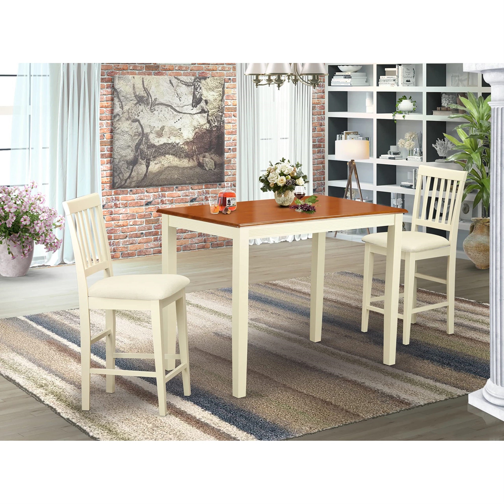 East West Furniture YAVN3-WHI-C 3 Piece Kitchen Counter Height Dining Table Set Contains a Rectangle Pub Table and 2 Linen Fabric Upholstered Chairs, 30x48 Inch, Buttermilk & Cherry