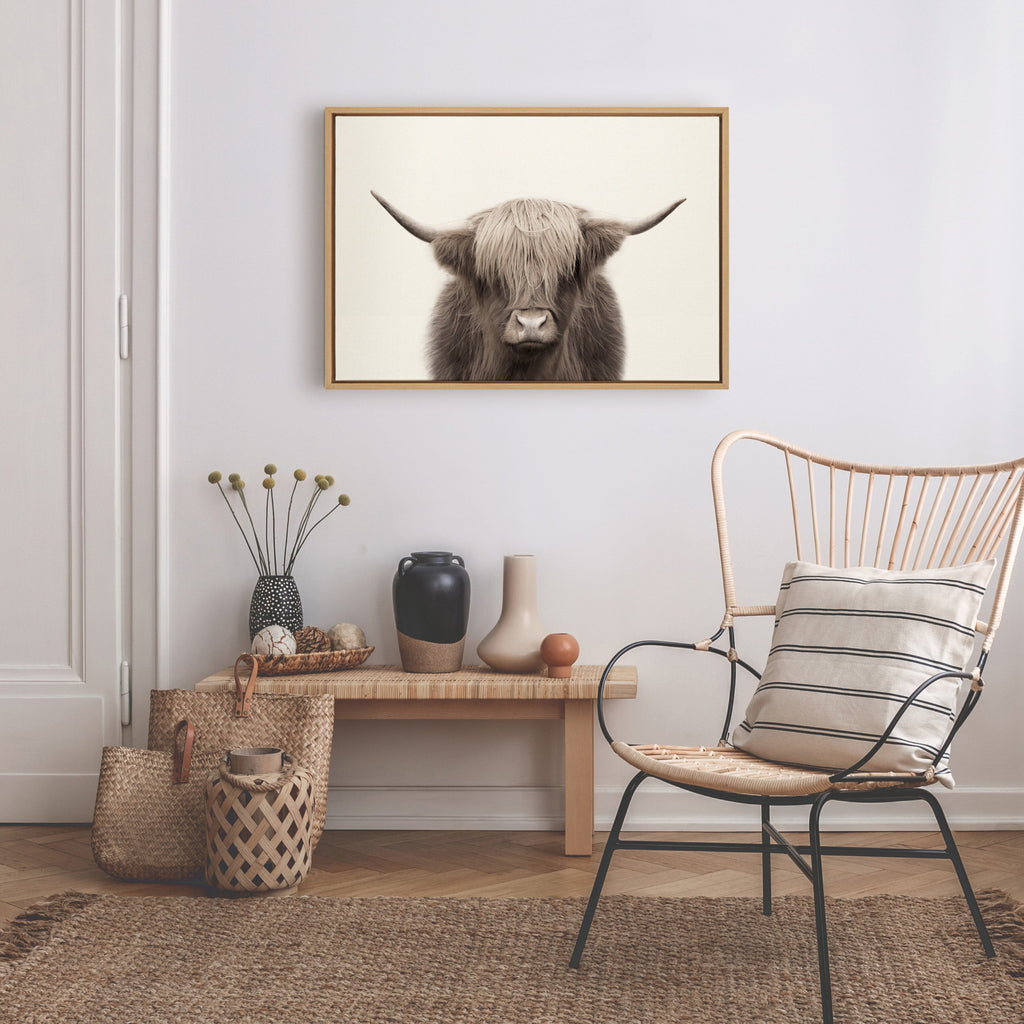 Sylvie Hey Dude Highland Cow Color Framed Canvas by The Creative Bunch Studio