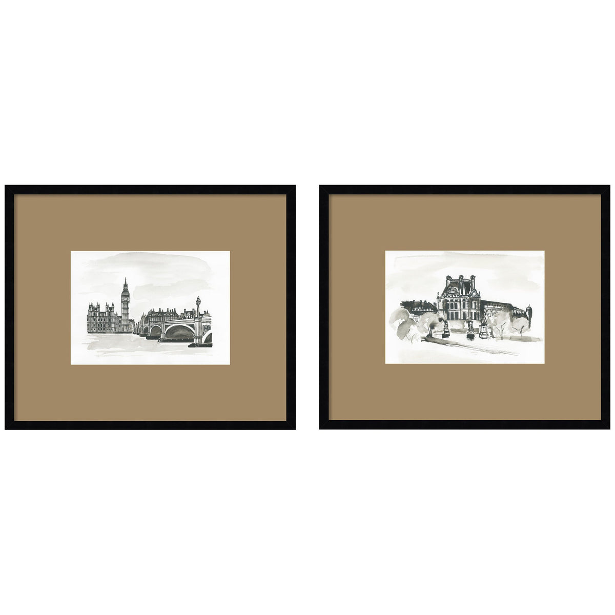 Vintage Postcard London & Paris 2 Piece Framed Wall Art Print Set by Teju Reval Brown Mat