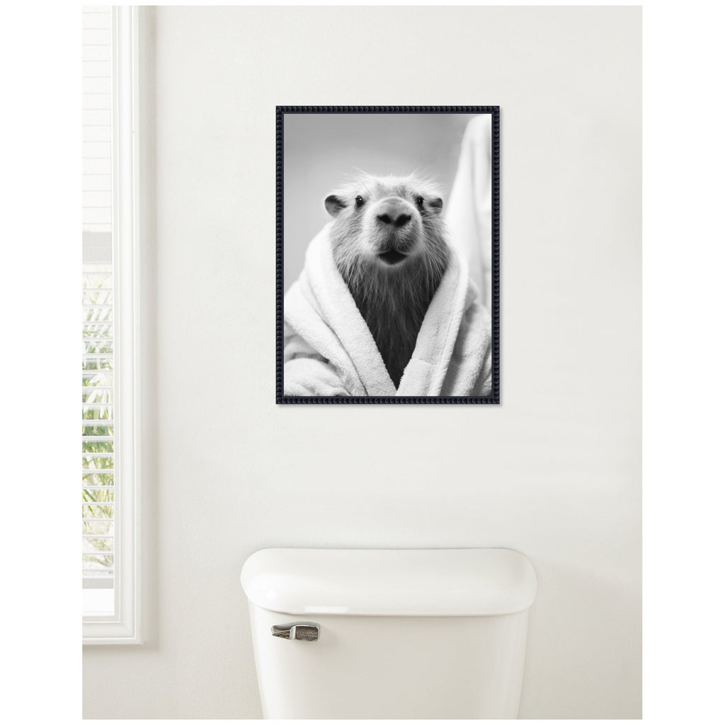 Sylvie Capybara Bathroom Art Towel Robe Black and White Framed Canvas by The Creative Bunch Studio