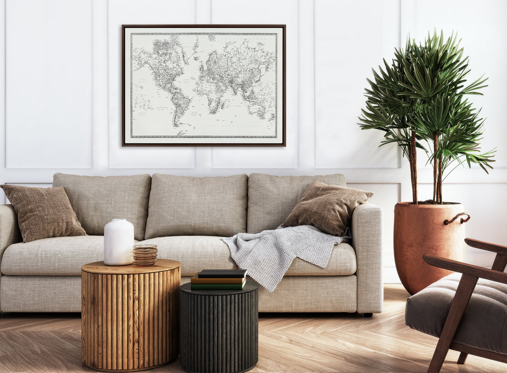 Sylvie Vintage Black and White World Map Framed Canvas by The Creative Bunch Studio