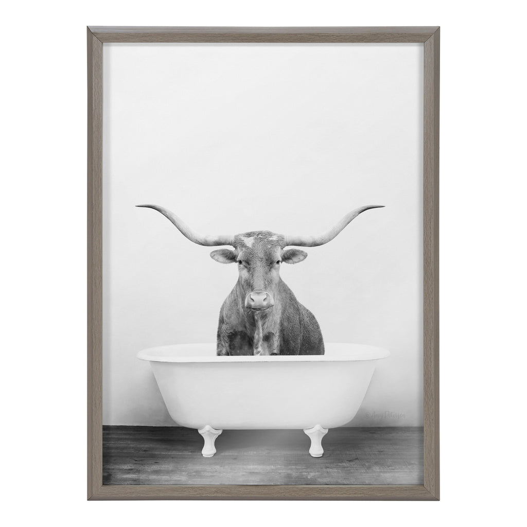 Blake Longhorn BW Bathroom Framed Printed Glass by Amy Peterson Art Studio