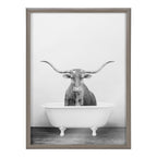 Blake Longhorn BW Bathroom Framed Printed Glass by Amy Peterson Art Studio