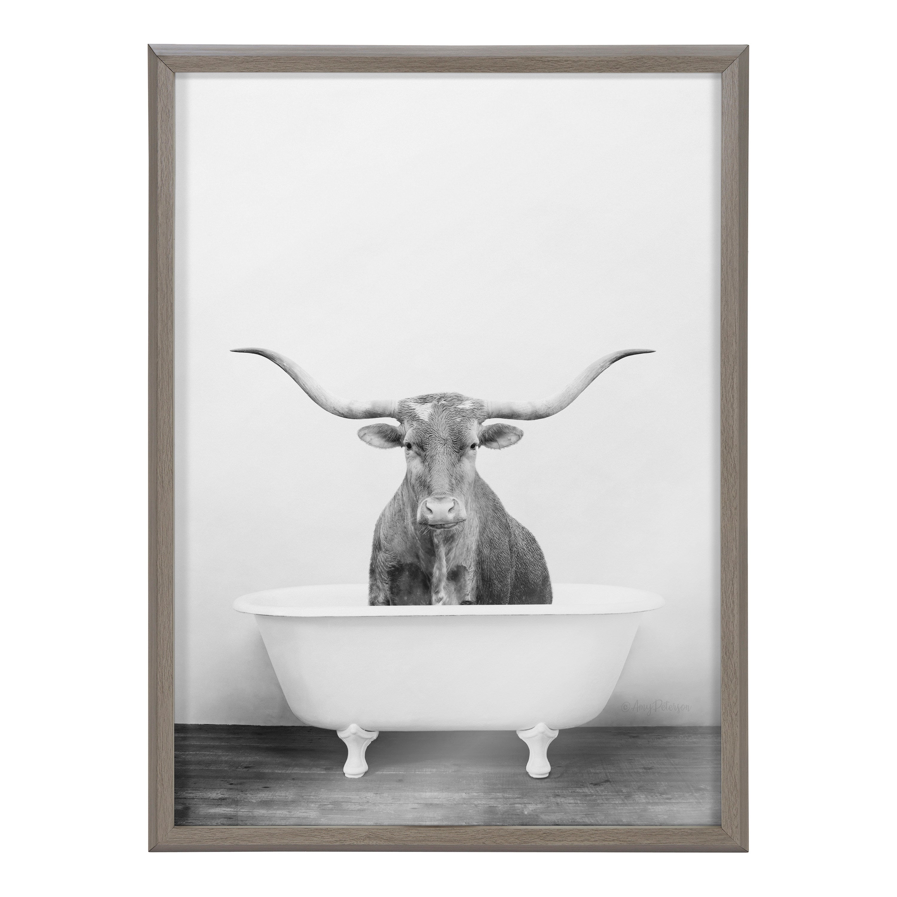 Blake Longhorn BW Bathroom Framed Printed Glass by Amy Peterson Art Studio