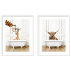 Highland Cow & Giraffe in Traditional Bathtub 2 Piece Framed Wall Art Print Set by Amy Peterson