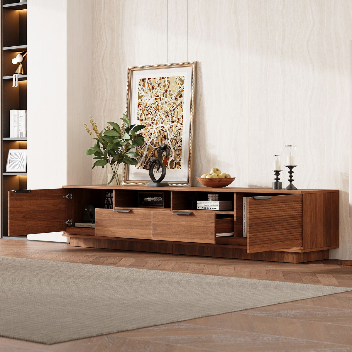 TV Stand, Entertainment Center With Deep Drawers, Cable Management & Soft Closing Hinges