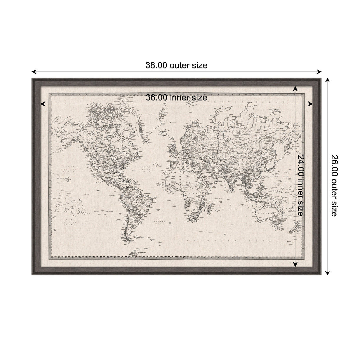 Framed Fabric Pinboard Vintage Black and White Linen World Map Wall Organization