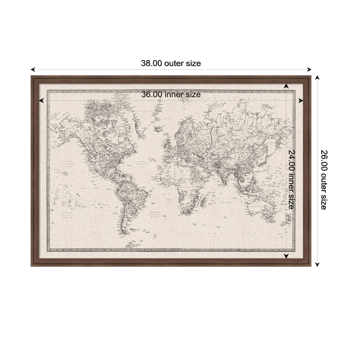 Framed Fabric Pinboard Vintage Black and White Linen World Map Wall Organization