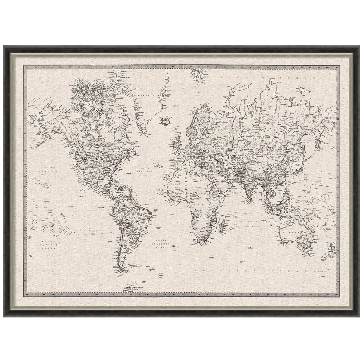 Framed Fabric Pinboard Vintage Black and White Linen World Map Wall Organization