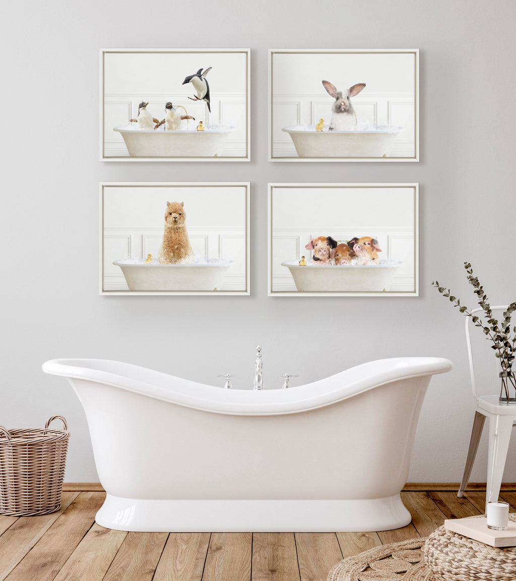 Sylvie Three Pigs In Bubble Bath Neutral Style Framed Canvas by Amy Peterson Art Studio