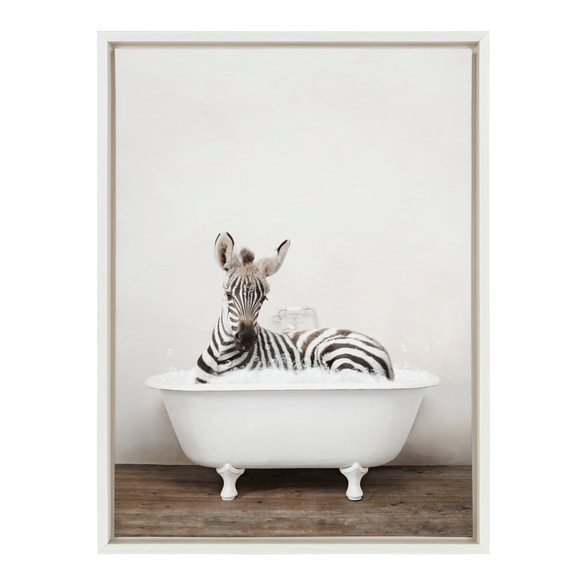 Sylvie Baby Zebra in Rustic Bath Framed Canvas by Amy Peterson Art Studio