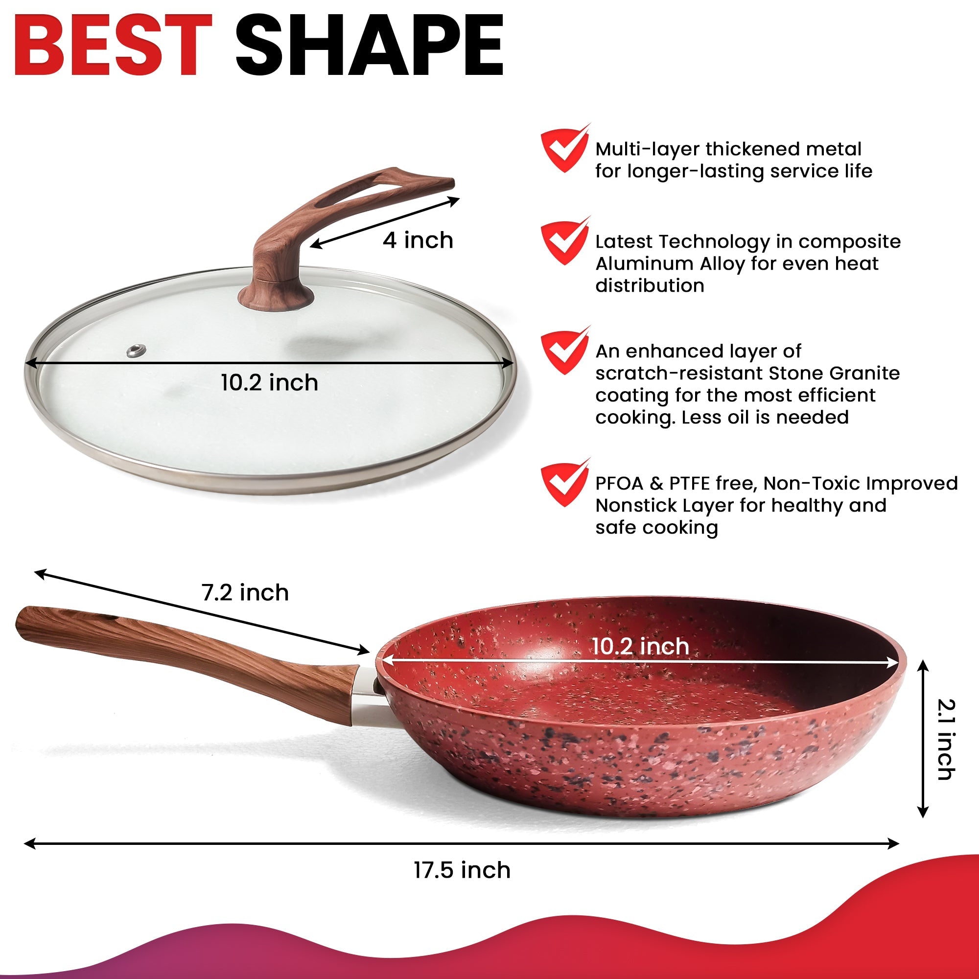 CasaFoyer 10-Inch Frying Pan with Deluxe Copper Granite Stone Non-stick Coating- With Lid