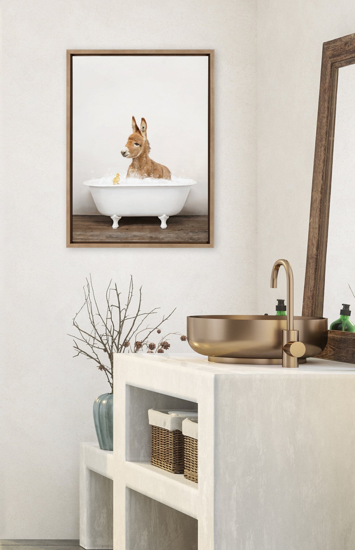 Sylvie Baby Donkey in Rustic Bath Framed Canvas by Amy Peterson Art Studio