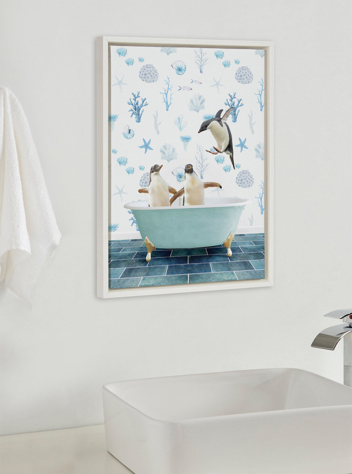 Sylvie Penguins In Under the Sea Bath Framed Canvas by Amy Peterson Art Studio