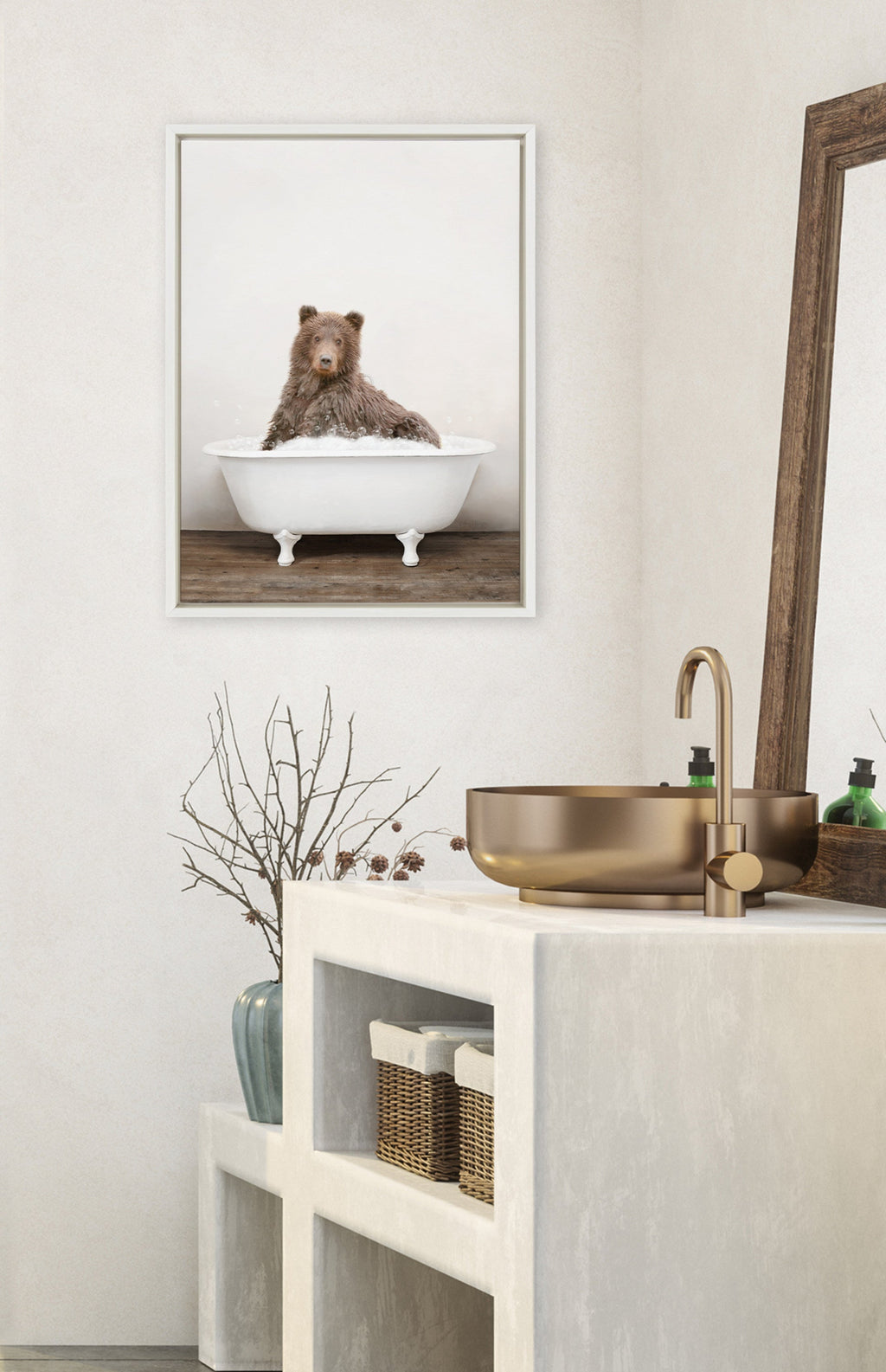 Sylvie Bear Rustic Bubble Bath Framed Canvas by Amy Peterson Art Studio